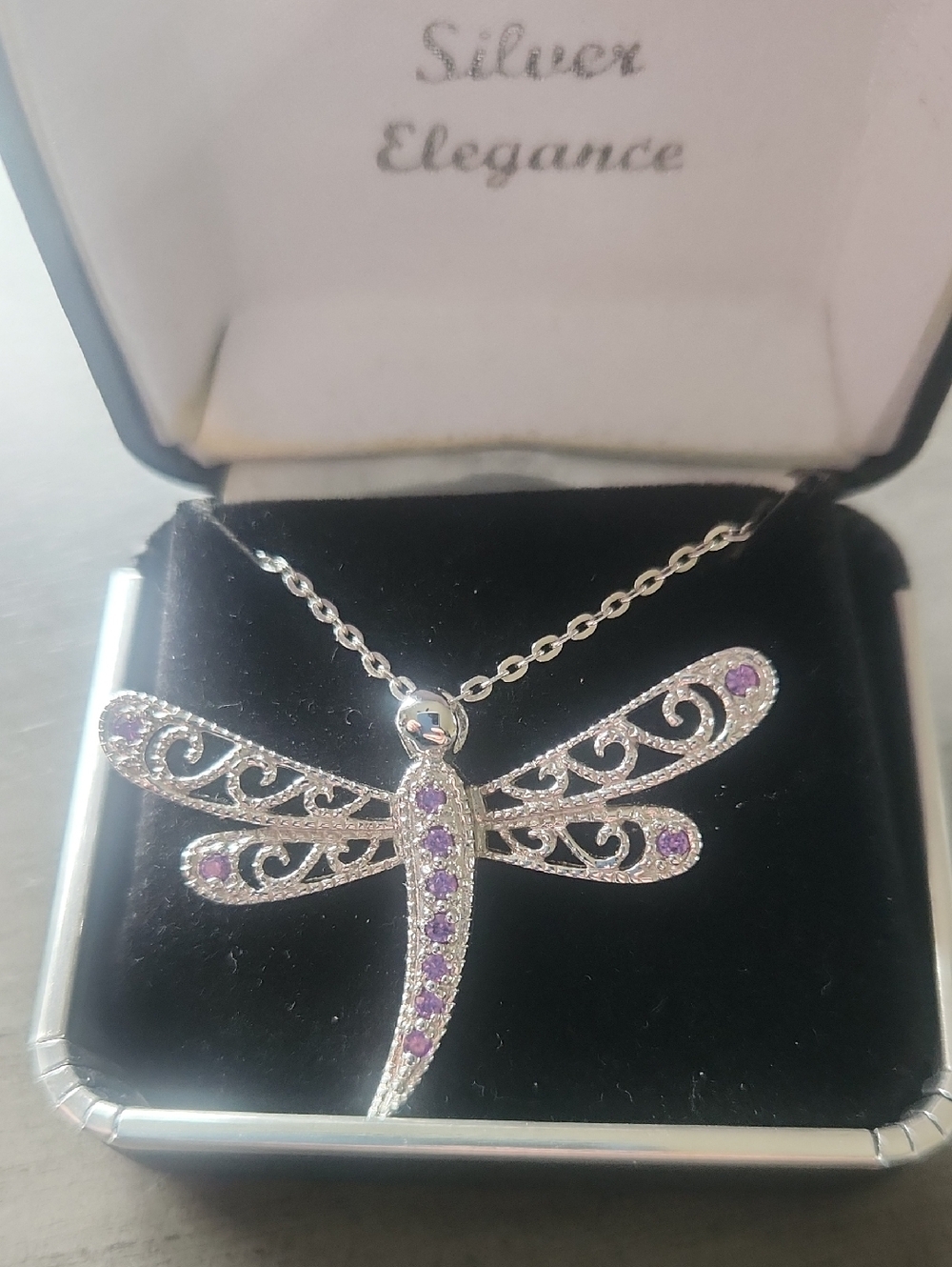 Silver Dragonfly Pendant Necklace with Purple Accents